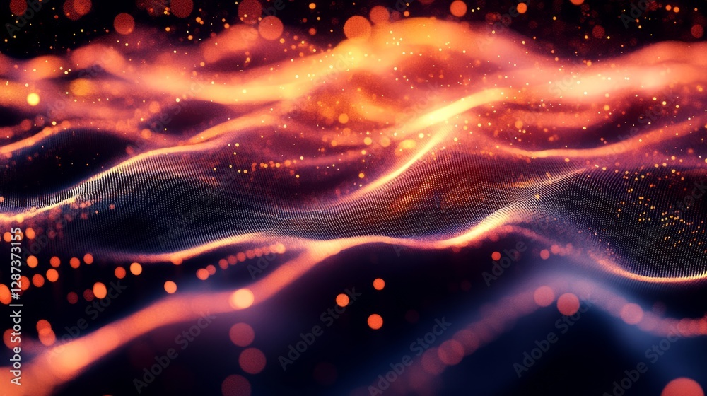 Poster futuristic digital technology network background featuring abstract particle flow, neural network co