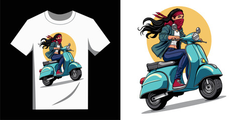 Fototapeta premium Vector illustration a stylish woman riding a classic teal scooter. T-Shirt illustration with bold colors