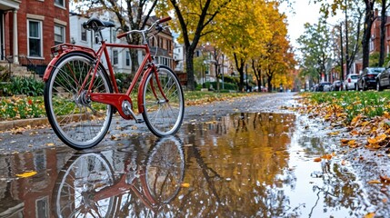 Fototapeta premium A bright red bicycle rests beside a puddle on a leafy street. Golden leaves adorn the ground, and reflections shimmer on the water's surface under a serene, overcast sky.