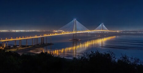 Fototapeta premium Illuminated Bridge at Night: A Stunning View Across the Water