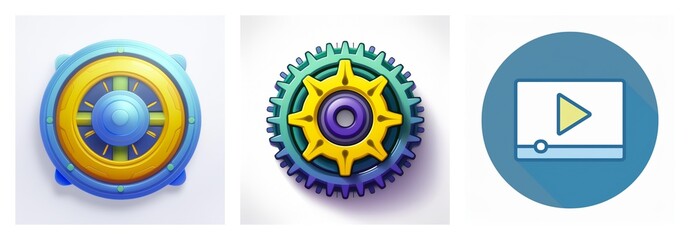 Fototapeta premium Three digital icons: a blue and yellow dial, a vibrant gear, and a blue circle containing a play button for media.