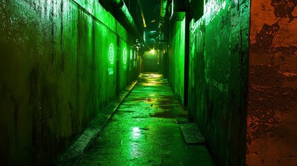 Narrow Walkway Surrounded by Rusty Walls and Green Lighting Effects