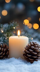 Warm candlelight amidst snow and pine cones, creating a cozy winter atmosphere.