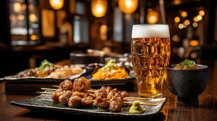 A beautifully arranged table features grilled skewers, a vibrant dish, and a frothy beer, creating a cozy dining atmosphere.