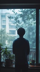 A contemplative young Asian man gazes out at a rainy cityscape from a window.