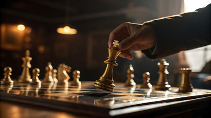 Golden Chess Pieces on Board With Hand Moving King Strategy Game
