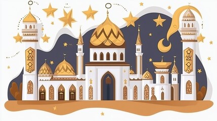 Fototapeta premium Night Festive Mosque Illustration, Starry Sky, Celebration, Card
