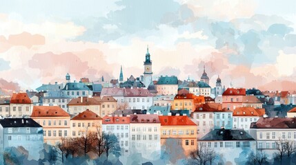 Colorful Cityscape Illustration Featuring Historic Buildings and Skyline