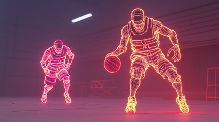 Dynamic scene of two vibrant neon figures engaged in a basketball game in a dimly lit indoor court, showcasing movement and energy