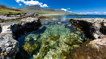 Crystal-clear rock pool, coastal beach, mountain backdrop, sunny day, travel photography