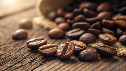 Naklejka premium Close-Up View of Freshly Roasted Coffee Beans on Wooden Surface