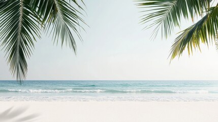 Fototapeta premium A serene beach scene featuring gentle waves, soft sand, and lush palm leaves framing a calm, sunny horizon.