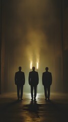 Three men in suits silhouetted against a smoky backdrop, exuding mystery and intrigue.
