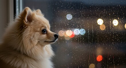 Obraz premium A fluffy Pomeranian gazes through a rain-speckled window, lost in thought as city lights glow softly in the background, creating a peaceful and nostalgic atmosphere.