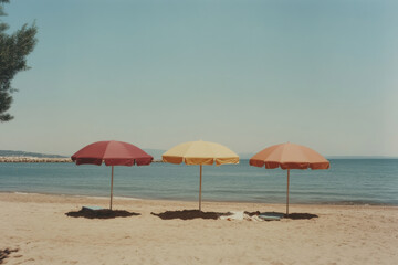 Fototapeta premium Three umbrellas are on the beach, one of which is yellow