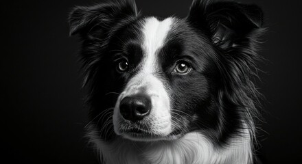 Fototapeta premium A black and white close-up portrait of a Border Collie with deep, expressive eyes, set against a dark background, highlighting its fur texture and striking facial features.