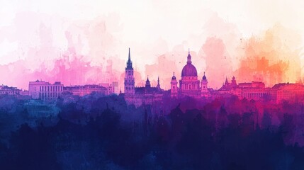 Vibrant Artistic Skyline Over Soft Pastel Sunset Hues