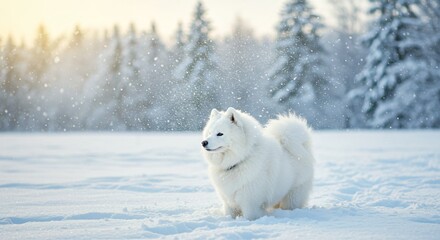 A fluffy white Samoyed dog stands in a snowy landscape with falling snowflakes, surrounded by frosty trees and soft sunlight, creating a serene and wintery atmosphere.