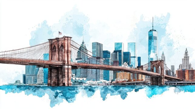 Fototapeta Artistic watercolor illustration of Brooklyn Bridge and skyline