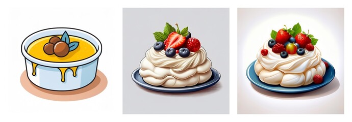 Three dessert images are shown. The first is a custard-like dish with toppings. The next two depict meringue-based desserts with cream and berries on plates.