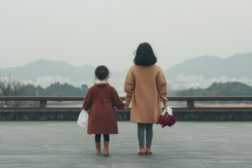 Two young girls are holding hands and walking on a sidewalk