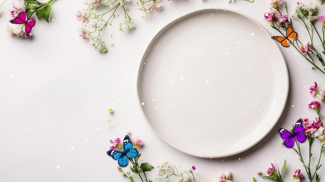 empty plate concept flat lay floral decoration with space for text seamless looping overlay 4k virtual video animation background