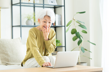 リビングでパソコンを使うシニアの女性