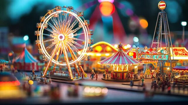 Miniature vibrant carnival scene with illuminated Ferris wheel, fairground rides, and lights at night.