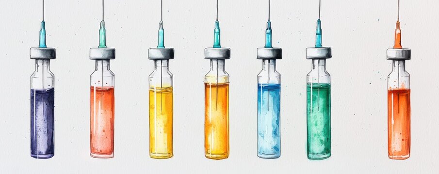 A row of colorful vials containing various liquids, showcasing a range of hues from purple to green, suggesting a scientific or medical theme.