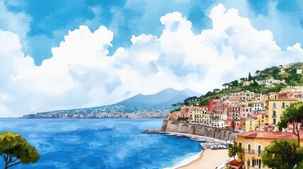 Naklejka premium Scenic Coastal Landscape with Colorful Buildings and Blue Sky