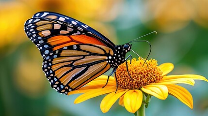 Fototapeta premium A stunning monarch butterfly rests delicately on a bright yellow bloom, highlighting the intricate patterns of its wings against a vibrant backdrop of greenery. The scene radiates tranquility.