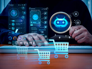 AI E-commerce concept. Artificial intelligence service tools for ecommerce, digital marketing technology. Bot in magnifying glass in hand, online marketplace interface screen with shopping cart icons.