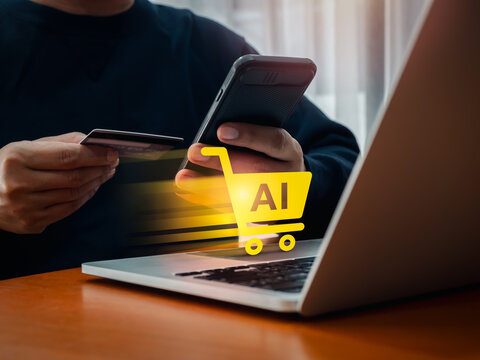 AI E-commerce concept. Artificial intelligence service tools for ecommerce marketing management. Smart shopping cart icon symbol on network screen while businessman holding credit card and smartphone.