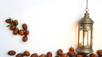 Muslim lamp and dates on white background. Space for text 