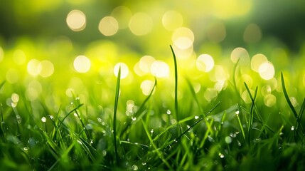 Obraz premium Captivating bokeh of vibrant green grass natural outdoor setting photography tranquil environment close-up view nature's beauty