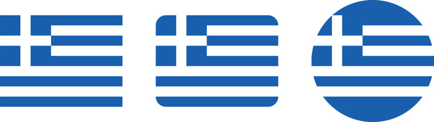 Diverse representations of the Greek flag in various shapes.