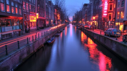 Obraz premium Vibrant Evening Canal Scene at Intersection with Reflections
