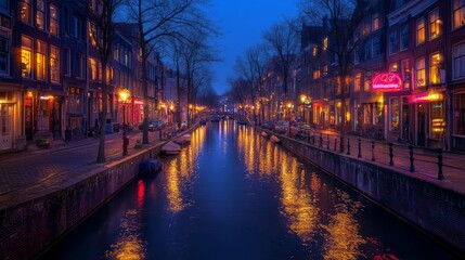 Serene Evening Scene Over Canal with Twinkling Lights at Dusk