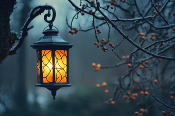 A Glowing Lantern Hanging On A Frosty Tree Branch