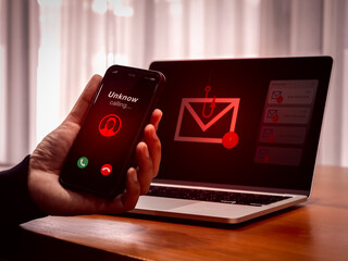 Scammer attack concept. Incoming caller unknown number showing on smartphone in person hand while...