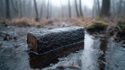 Fototapeta premium Dark log in a puddle in a misty forest. Possible use Nature photography