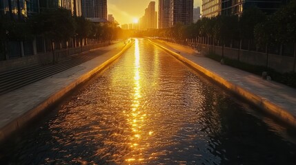 Golden Sunset Over Urban Waterway with Glistening Rays on Water