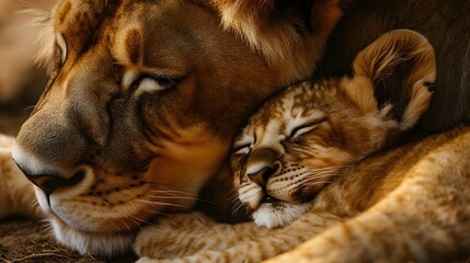 Tender moment between a lioness and her cub resting peacefully in the warm sunlight of their habitat