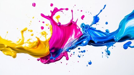 Dynamic splash of yellow, magenta, and blue paint on white background, vibrant and energetic art. Abstract color explosion concept