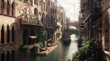 Fototapeta premium Serene Canal Scene with Balconies and Greenery in a Historic Setting