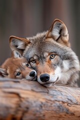 Obraz premium Tender Bond: Wolf and Pup Resting Together in Nature Scene
