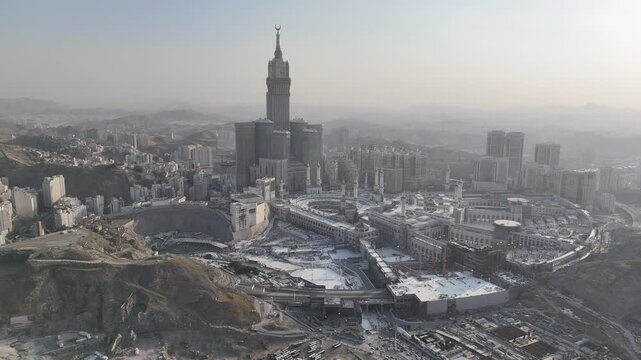 Aerial view Mecca skyline , Makkah city Saudi Arabia -  Makkah Clock Tower and hotels  - Masjid Al Haram 4k drone Video
