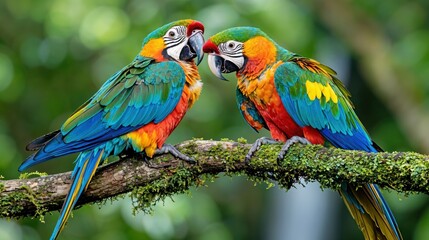 Fototapeta premium Two stunning macaws, adorned in brilliant shades of blue, green, and orange, engage playfully on a mossy branch, surrounded by the rich greenery of the rainforest, capturing nature's beauty.