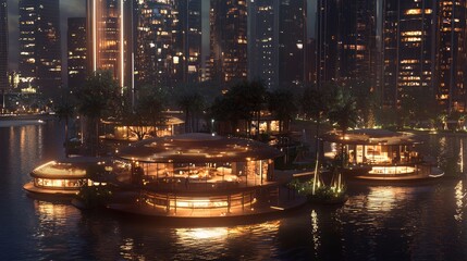 Fototapeta premium Eclectic Floating Huts Offering Unique Views in Urban Setting