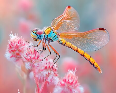 Colorful dragonfly on pink flower